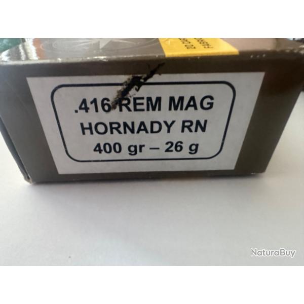 12 Cartouches 416 REM MAG HORNADY RN 400GR 26G + 5 GPA