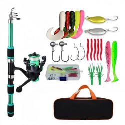 Kit Complet Pêche Canne 180 CM Moulinet Leurres Ameçons + Sacoche Pêche Carnassier