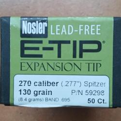 40 ogives NOSLER E-TIP Cal 270 (.277") Spitzer 130 grains (8.40 grams)