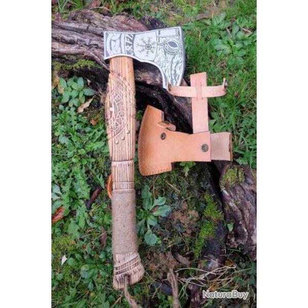 Grosse Hache de Viking Chef Harald Hardrada Lame Acier Carbone 1055 Manche Bois Etui Cuir Artisanat