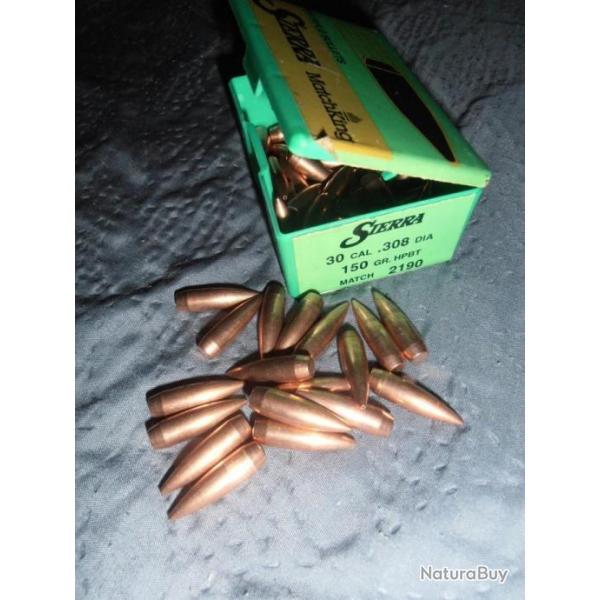 56 ogives SIERRA  150 Grs HPBT Match - 308,300 savage, 30-06,30-284, 300 winch mag,7.5...