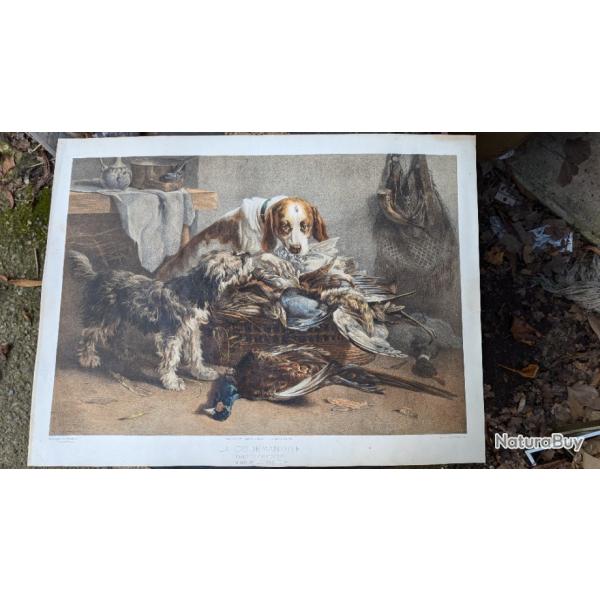 Lithographie Didier rare chiens de chasse gibier d'aprs tableau de Noterman la gourmandise