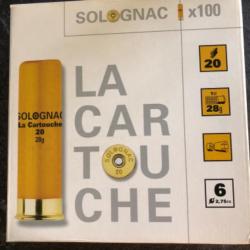 LOT de 100 CARTOUCHES SOLOGNAC CALIBRE 20/70  28 g  Plomb 6 Bourre Jupe