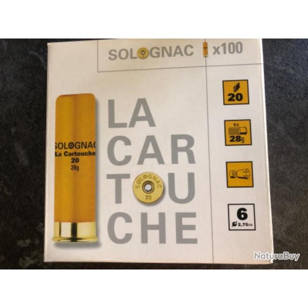 LOT de 100 CARTOUCHES SOLOGNAC CALIBRE 20/70  28 g  Plomb 6 Bourre Jupe