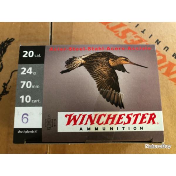 CARTOUCHES WINCHESTER Calibre 20/70  Bourre Jupe  24 g  Plomb 6  Acier (25 Btes de 10)