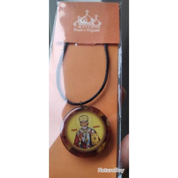 PENDENTIF ORTHODOXE EN AMBRE DE LA MER BALTIQUE "NICOLAS DE MYRE" NEUF