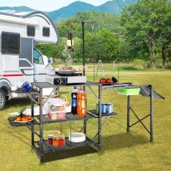 Cuisine de Camping Table de Camping Pliable en Alu avec Étagères Évier Installation Facile pour BBQ