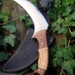 Couteau Karambit Lame Acier Carbone 1055 Manche Bois Etui Simili Cuir Fabr Artisanale