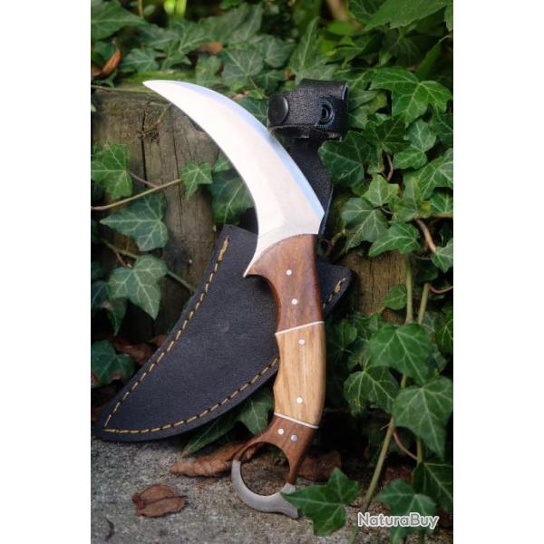 Couteau Karambit Lame Acier Carbone 1055 Manche Bois Etui Simili Cuir Fabr Artisanale