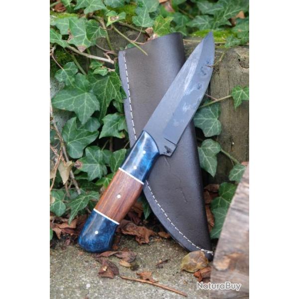 Couteau Skinner Lame Drop Point Acier Carbone 1055 Black Manche Bois/Rsine Etui Cuir Fab Artisan 01