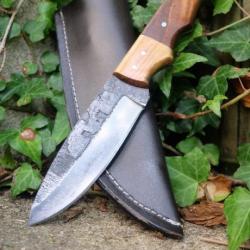 Poignard Bushcraft Couteau de Chasse Survie Lame Carbone 1075 Manche Bois Etui Cuir Fabr ArtisanatB1