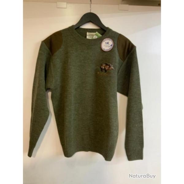 Pull col rond LOVERGREEN kakis et broderie sanglier