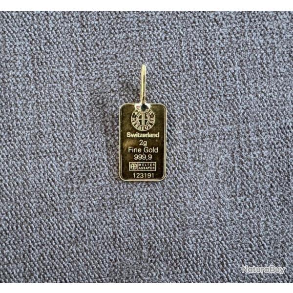 Pendentif Lingot suisse or 24 carats - numrot avec hologramme - 2 g