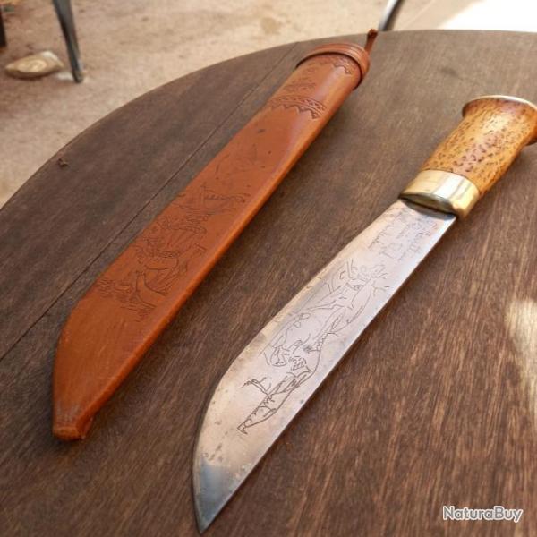 Trs Grand Couteau PUUKKO FINLANDAIS J.MARTTIINI LAPINLEUKU avec Fourreau en cuir  Manche en Bois