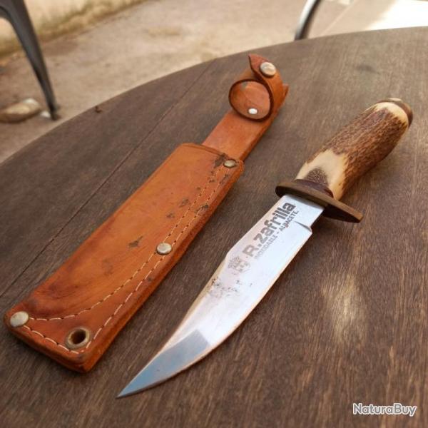 Joli Couteau de Chasse Espagnol R.ZAFRILLA Manche en Bois de Cerf avec tui en cuir