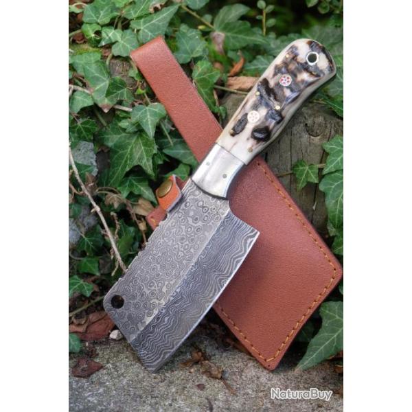 Couteau Couperet Butcher Damas Lame 256 Couches Manche Corne de Blier Etui Simili Cuir F Artisanale