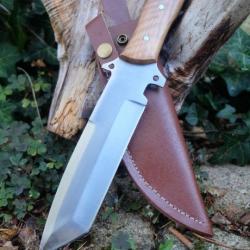 Tanto Couteau Tactical Survie Lame Acier Carbone 1055 Manche Bois Etui Cuir Fabric Artisanale