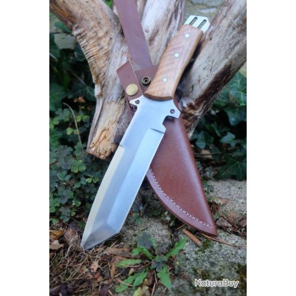 Tanto Couteau Tactical Survie Lame Acier Carbone 1055 Manche Bois Etui Cuir Fabric Artisanale