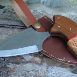 Couteau Push Dagger Lame Acier Carbone 1055 Manche 2 Bois Etui CUir Fabric Artisanale