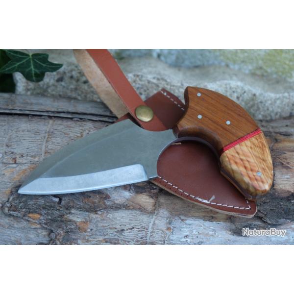 Couteau Push Dagger Lame Acier Carbone 1055 Manche 2 Bois Etui CUir Fabric Artisanale