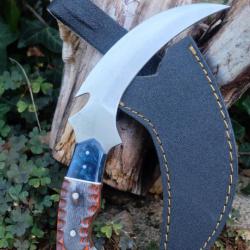 Couteau Karambit Lame Acier Carbone 1055 Manche Bois Etui/Résine Simili Cuir Fabr Artisanale