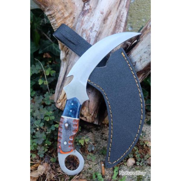 Couteau Karambit Lame Acier Carbone 1055 Manche Bois Etui/Rsine Simili Cuir Fabr Artisanale