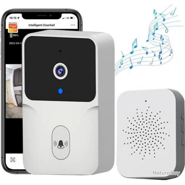 Interphone vido WiFi sans Fil avec Camra HD Alarme IR Sonnette de Porte Intelligente Blanc