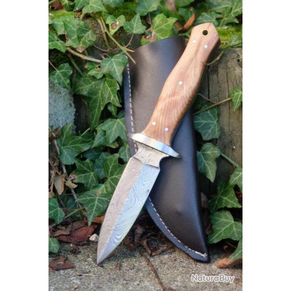 Dague Couteau De Chasse Damas Lame Skinner 256 Couches Manche Olivier Fabr Artisanale Etui Cuir