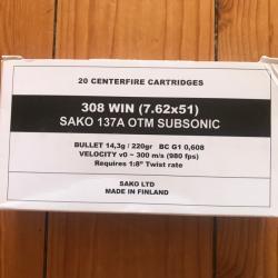 Cartouches SUBSONIQUE 220GN 308 WIN SAKO 137A OTM