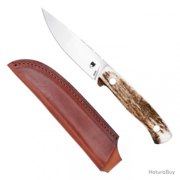 Couteau Cobratec Knives Koonsman Stag Manche Bois de Cerf Lame Acier M390 Etui Cuir CBTKMNSTG