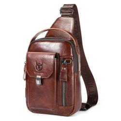 Sac de Poitrine Homme Rétro Bandoulière en Cuir Véritable Antivol Vintage Marron