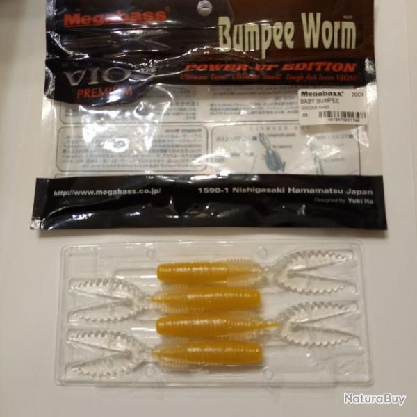 Boite de 4 Leurres Souples MEGABASS, leurre baby Bumpee Worm., 10 cm couleur golden shad