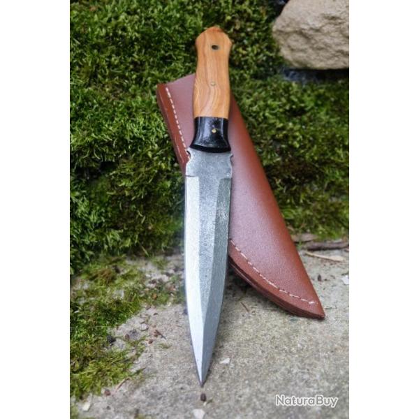 Couteau Dague Scottish Dirk Lame Acier Damas 256 Couches Manche Bois/Corne Etui Cuir Fab Artisanale