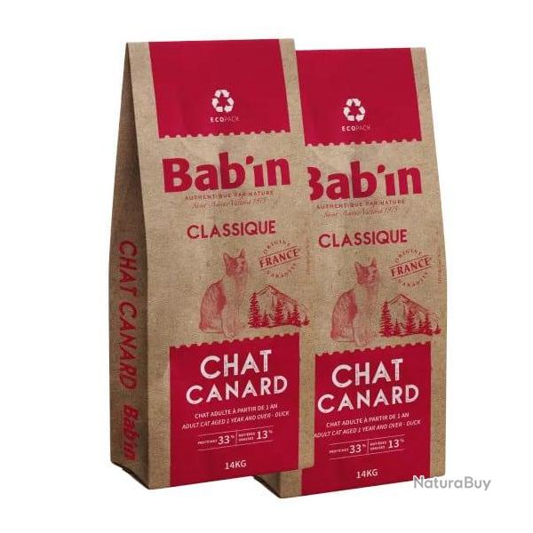 LOT DE 2 PAQUETS de 14 kg de croquettes pour chat adulte/ BAB'IN au canard