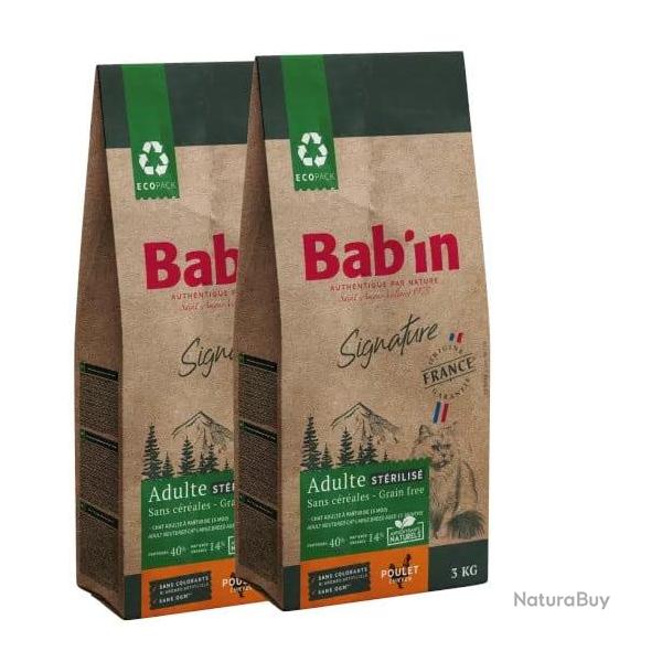 Croquettes pour chat sans crales au poulet - LOT DE 2 PAQUETS de 6 kg Bab'in pour chat adulte