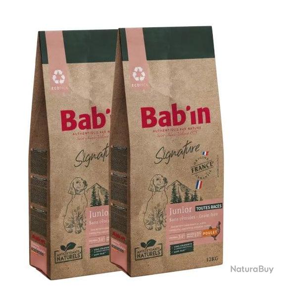 LOT DE 2 PAQUETS de 12 kg de croquettes sans crales pour chiot/ BAB'IN Junior Grain Free