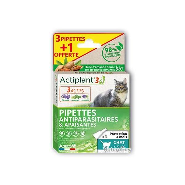 1 bote de 4 Pipettes ACTIPLAN'3 antiparasites chat>5 kg