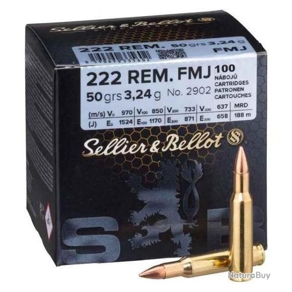 Cartouche Sellier & Bellot / cal. 222 Rem. -  FMJ Blinde 3,2 g / 50 gr