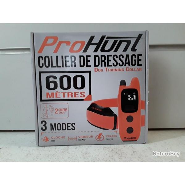 9953 COLLIER DE DRESSAGE RECHARGEABLE PROHUNT 600 METRES X2 CHIENS 3 MODES NEUF