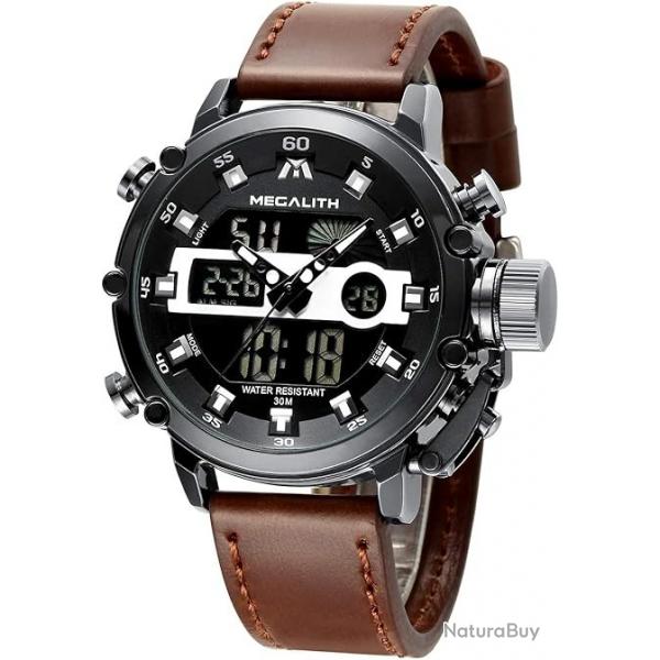 -Montre Quartz Numrique Analogique Affichage LED pour Touriste Militaire Arme tanche Noir/Marron