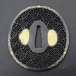 ANTIQUE TSUBA EN SHAKUDO MUMEI MOTIF SAYAGATA SWASTIKA - JAPON XIXè MEIJI Collection Très bon  Japon