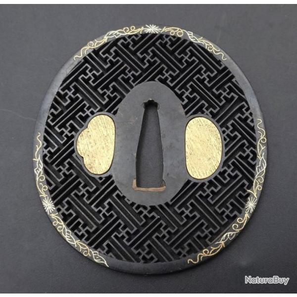 ANTIQUE TSUBA EN SHAKUDO MUMEI MOTIF SAYAGATA SWASTIKA - JAPON XIX MEIJI Collection Trs bon  Japon