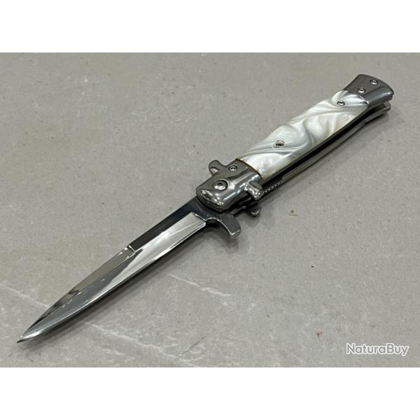 Stiletto Couteau ouverture assiste Mafia Milano Lame Acier 440 Manche Abs ivoirine Etui