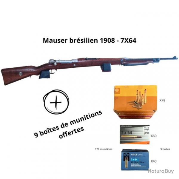 Fusil Mauser brsilien 1908 cal.7X64 + 9 botes de munitions incluse (178 Cartouches cal.7X64 )