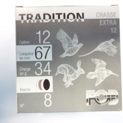 PromoFob ! LOT DE 100 CARTOUCHES FOB TRADITION CHASSE EXTRA CAL 12X67 34GR N°8 BOURRE GRASSE