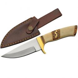 Couteau de Chasse Survie Manche Os Lame Acier Inox Etui CUir PA203495