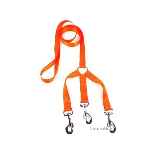 Laisse 3 chiens NYLON FLUO ORANGE 25 cm