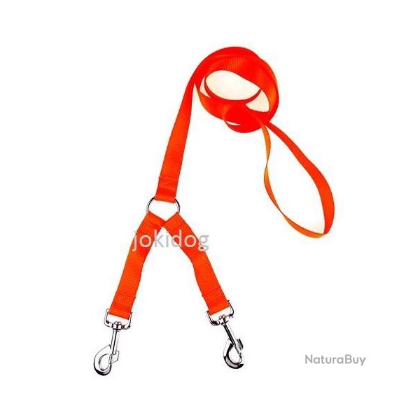 Laisse 2 chiens NYLON FLUO ORANGE 30 cm