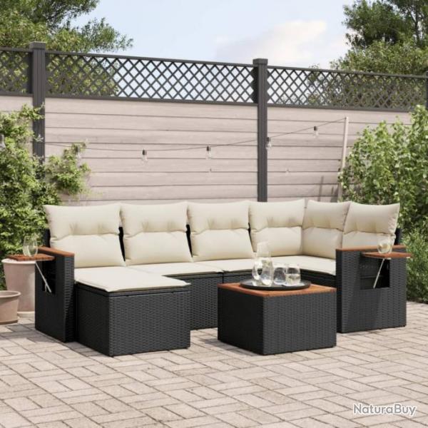 Salon de jardin 7 pcs avec coussins noir rsine tresse