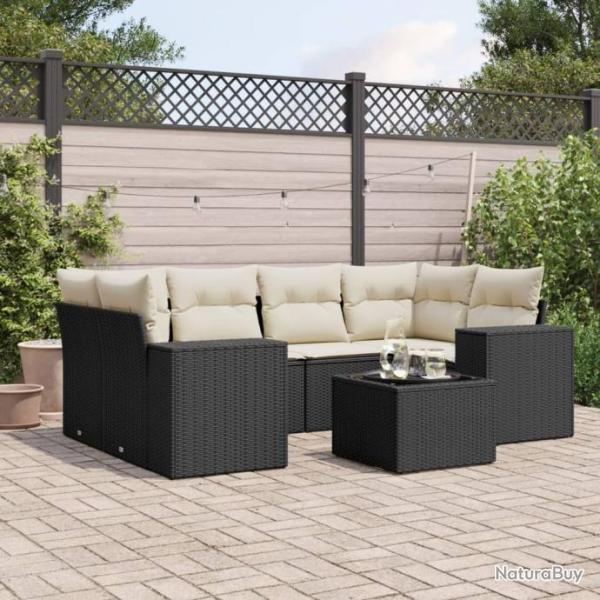 Salon de jardin 7 pcs avec coussins noir rsine tresse